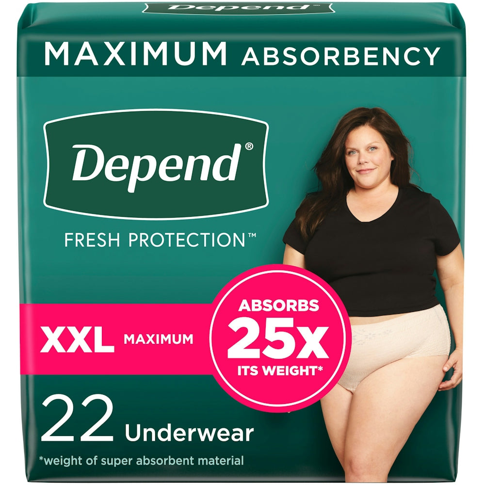 Depend FIT-FLEX women's incontinence underwear in blush, showing maximum absorbency and a comfortable fit for discreet protection.
