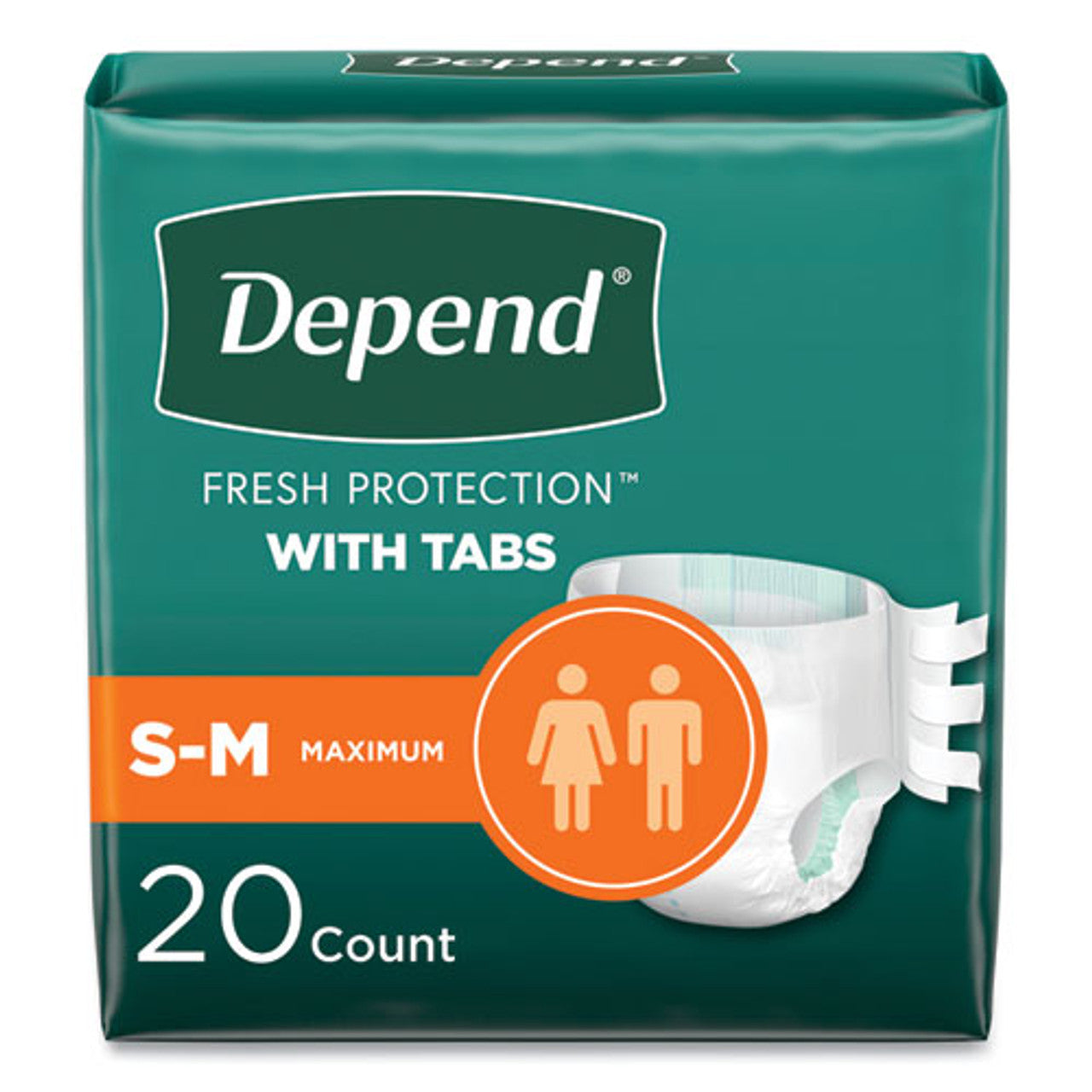 Depend Fresh Protection Incontinence Briefs with Tabs, maximum absorbency, S/M size, 20-count package, designed for bladder support.