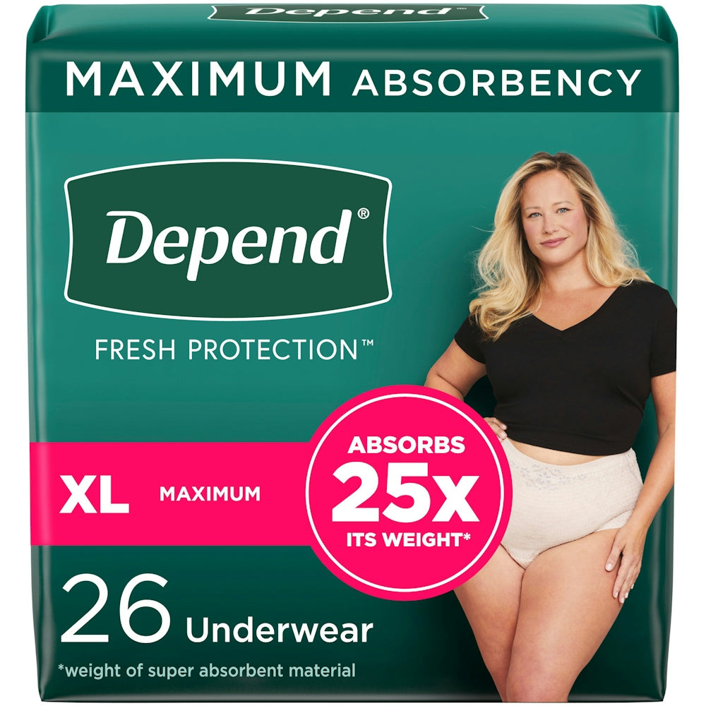 Depend Fresh Protection Incontinence Underwear for Women, XL, 26 count, with maximum absorbency, placed on a flat surface.