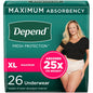 Depend Fresh Protection Incontinence Underwear for Women, XL, 26 count, with maximum absorbency, placed on a flat surface.