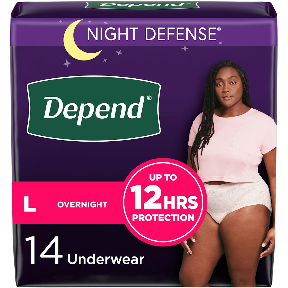 Depend Night Defense adult incontinence underwear for women, large, disposable overnight in blush, designed for discreet protection.