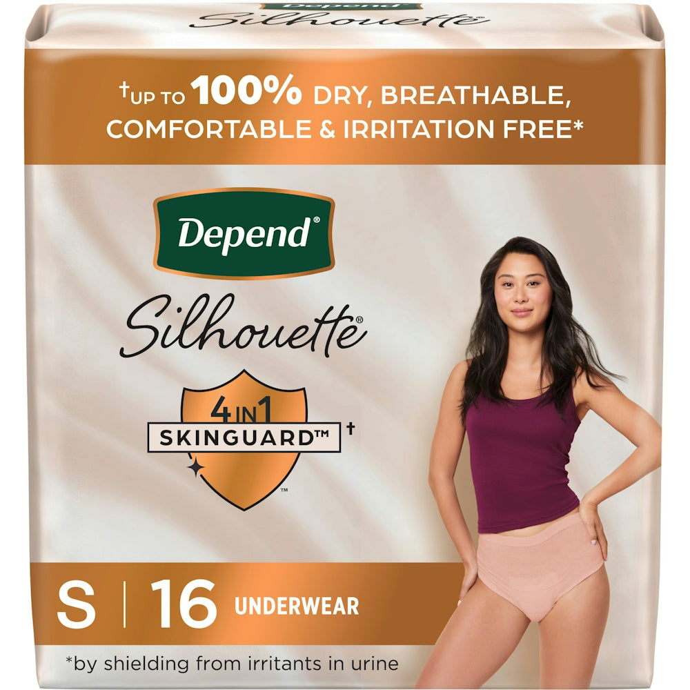 Depend Silhouette incontinence and postpartum underwear in small pink, featuring maximum absorbency and discreet fit.