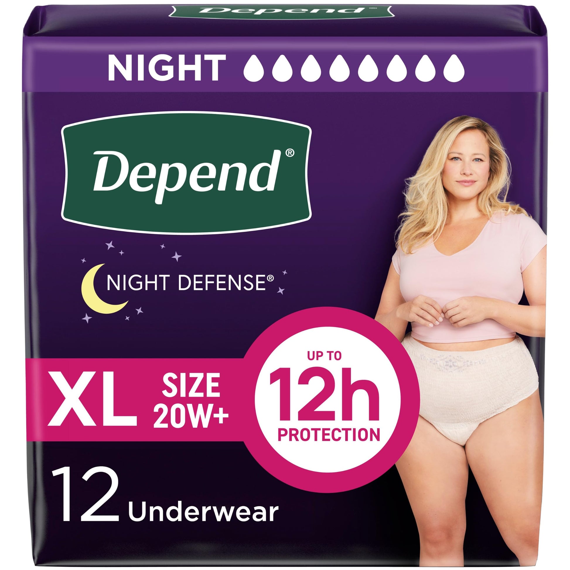 Depend Silhouette maximum absorbency incontinence underwear for women, large size, 24-count in two packs, with waistband and leg openings.
