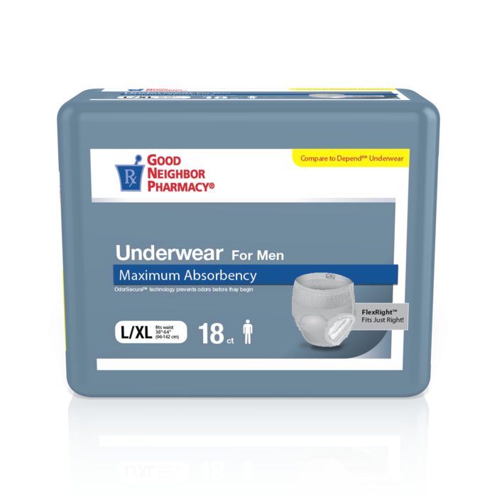GNP Men's Max Absorbency Incontinence Underwear in size L/XL, four bags of 18 for discreet protection, from Pasteur Pharmacy.