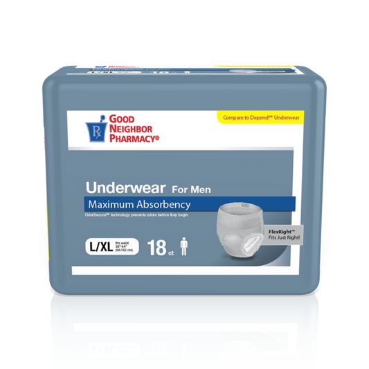GNP Men's Max Absorbency Incontinence Underwear in size L/XL, four bags of 18 for discreet protection, from Pasteur Pharmacy.