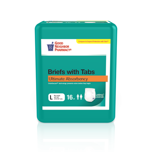 GNP Ultimate Absorbency Adult Briefs in large size with tabs, 64-count case, incontinence aids by Pasteur Pharmacy