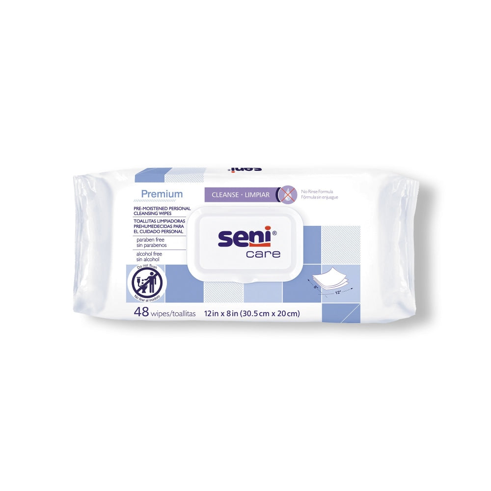 Seni 48-pack premium pre-moistened personal cleansing wipes for incontinence aid by Pasteur Pharmacy, designed for gentle skin care.