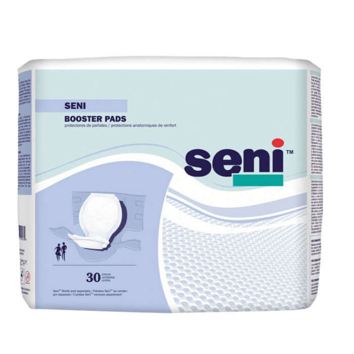 Adult Seni Booster Pads by Pasteur Pharmacy, moderate absorbency in a case of 4 packs with 30 pads each, for incontinence support.