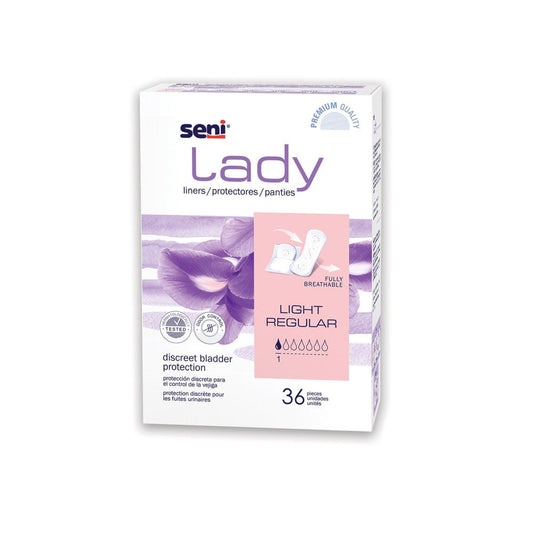 Seni Lady Liners Light Regular incontinence aids by Pasteur Pharmacy, shown in a package with discreet design and product details.