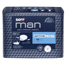 Seni Man Active Urological Pads by Pasteur Pharmacy, light absorbency incontinence aids, case of 90, shown in package.