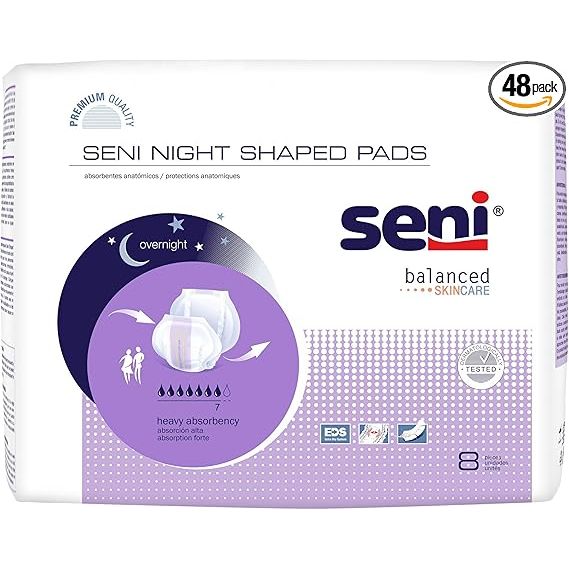 Seni Night Shaped Pads by Pasteur Pharmacy, heavy overnight incontinence pads, 48-pack with 6 packs of 8 pads each.