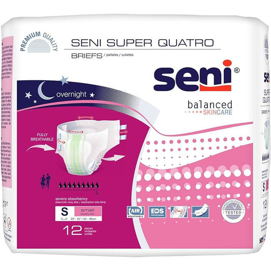 Large Seni Super Quatro adult diapers from Pasteur Pharmacy, case of 36, incontinence briefs for adults.
