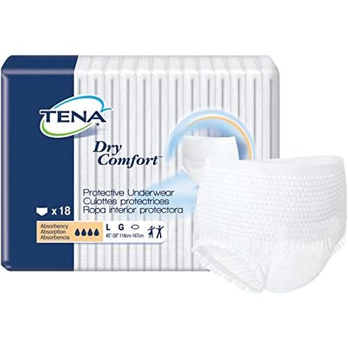 Tena Dry Comfort Uwear incontinence aids, 4 packs of 18 each, designed for discreet protection and comfort.