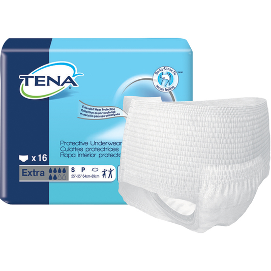 TENA Protective Underwear Extra in small size, maximum absorbency in four packs of 16, designed for incontinence aid.