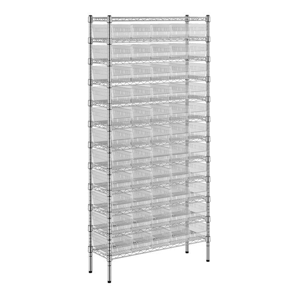 Industrial wire shelving unit by Pasteur Pharmacy with 55 clear bins, measuring 12x36x74 inches, ideal for organization.
