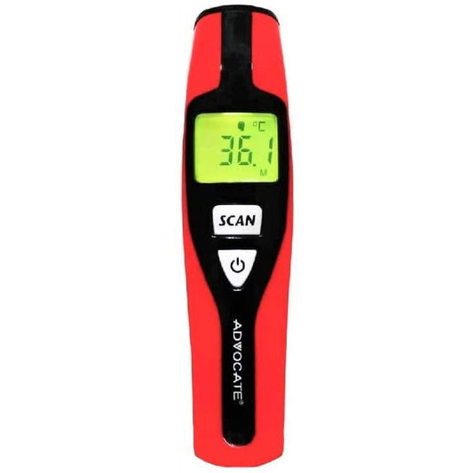Advocate non-contact infrared thermometer from Pasteur Pharmacy showing digital display and infrared sensor for temperature measurement.