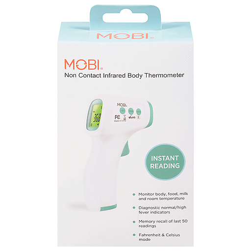 Pasteur Pharmacy Mobi 70113 Infrared Non-Contact Forehead Thermometer showing digital display with fever indicators and object mode