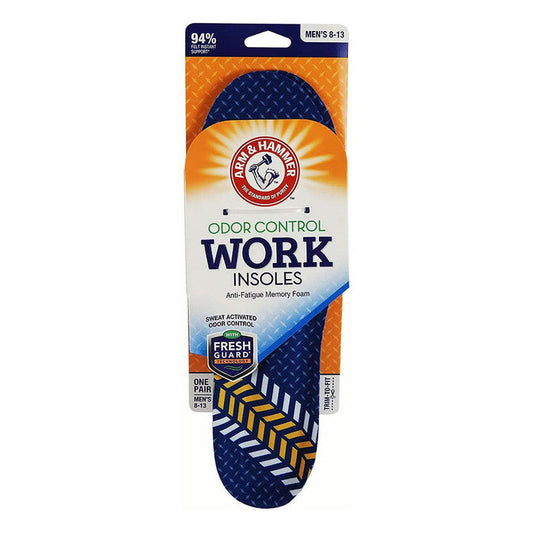 Pair of Arm & Hammer men's memory foam work insoles from Pasteur Pharmacy, designed for comfort and support in footwear.