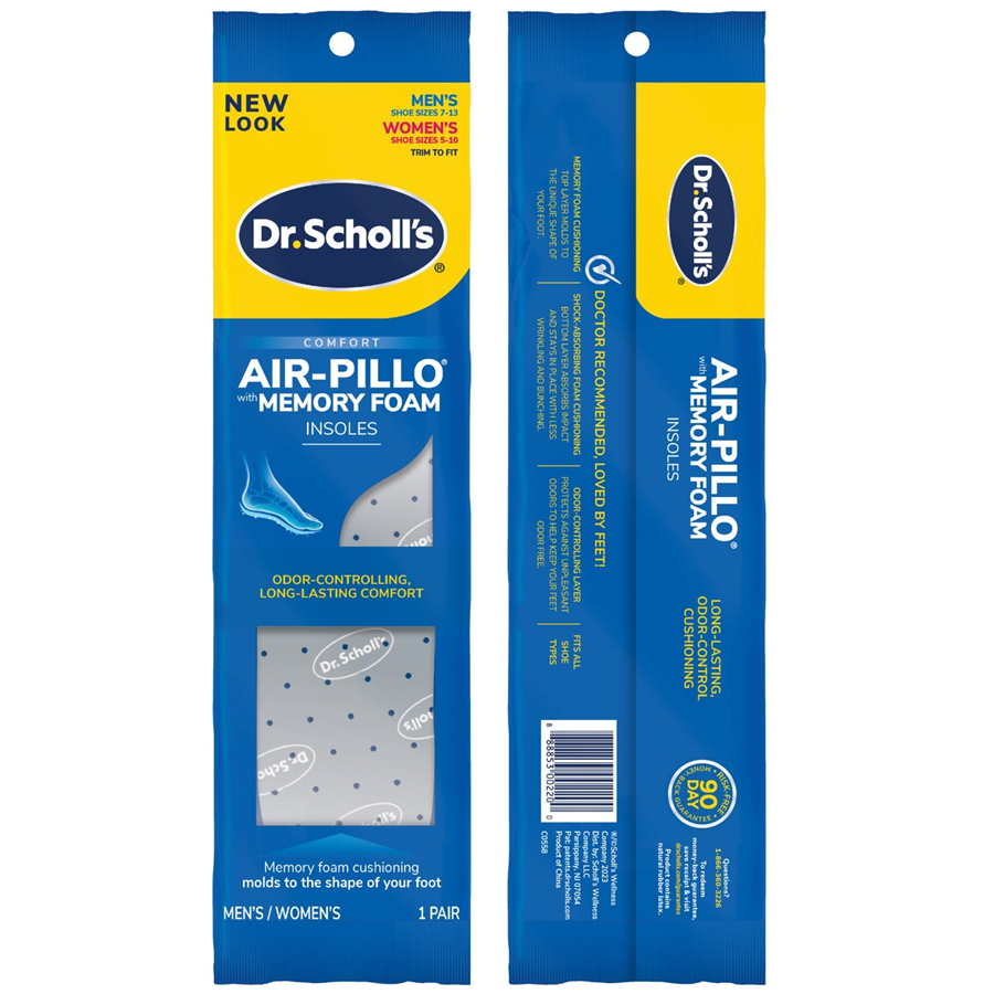 Dr. Scholl's Comfort Double Air-Pillo Insoles inside a bag, designed for added comfort and support in footwear.