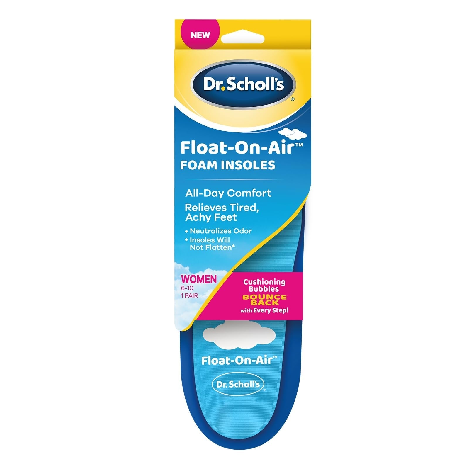 Dr. Scholl's Float-On-Air Comfort Insoles for Women, size 6-10, designed for added cushioning and support, shown in the image.