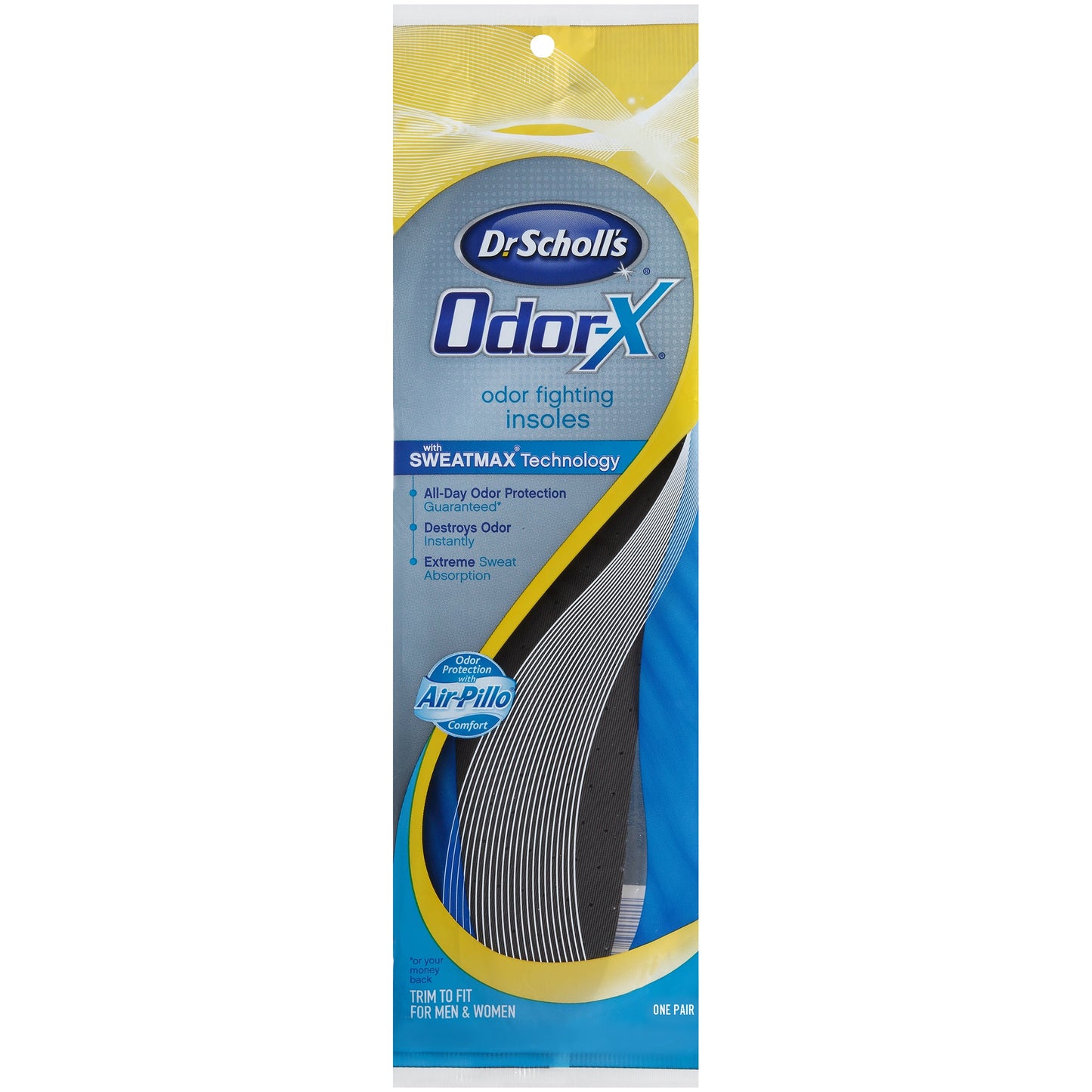 Dr Scholl's Odor-X odor-fighting insoles in a pair, designed to reduce foot odor and provide comfort inside shoes.