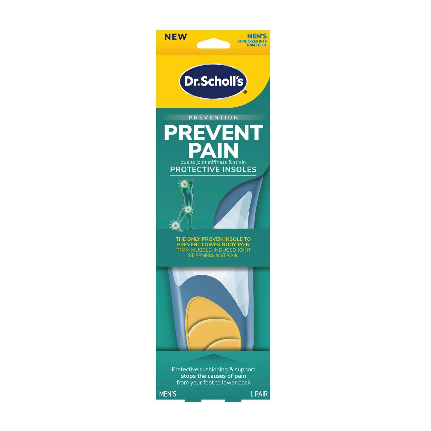 Dr. Scholl's Prevent Pain men's insoles, protective insoles for comfort, shown in a pair for added support and cushioning.