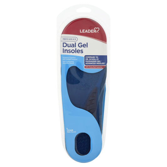 Leader Dual Gel insoles for men, size 8-13, providing comfort and support, designed for everyday use.