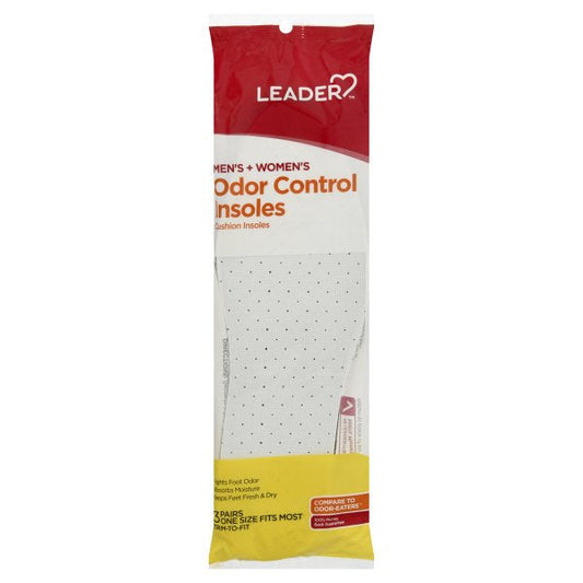 Leader Men's and Women's odor control cushion insoles, three pairs, soft cushioning, designed for comfort and freshness.