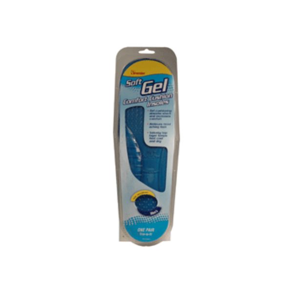 Pair of Premier Gel Insoles for Men by Pasteur Pharmacy, one size fits most, designed for comfort and support in shoes.