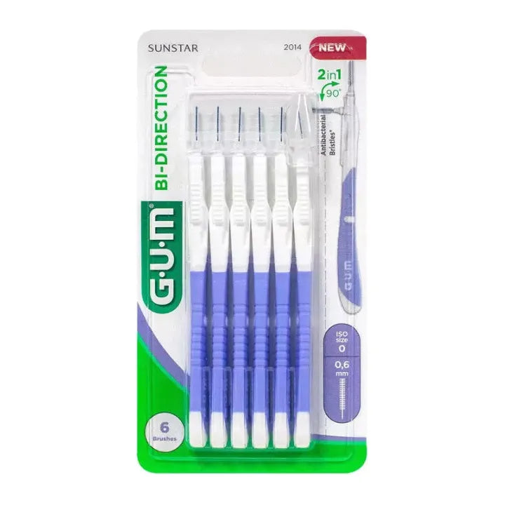 GUM Bi-Direction Interdental Brush Size 2 by Pasteur Pharmacy, 0.9mm, pack of 6, designed for effective interdental cleaning.