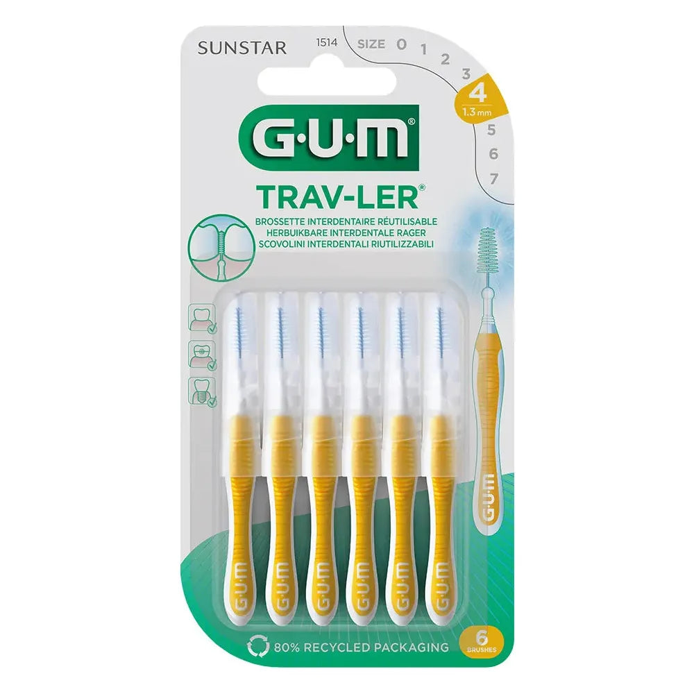GUM Trav-Ler Interdental Brushes Size 4, 1.3mm, pack of 6, designed for effective cleaning between teeth.