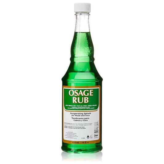 Osage Rub Invigorating Splash in a 14 oz bottle by Pasteur Pharmacy, showing the clear liquid and label on the bottle.