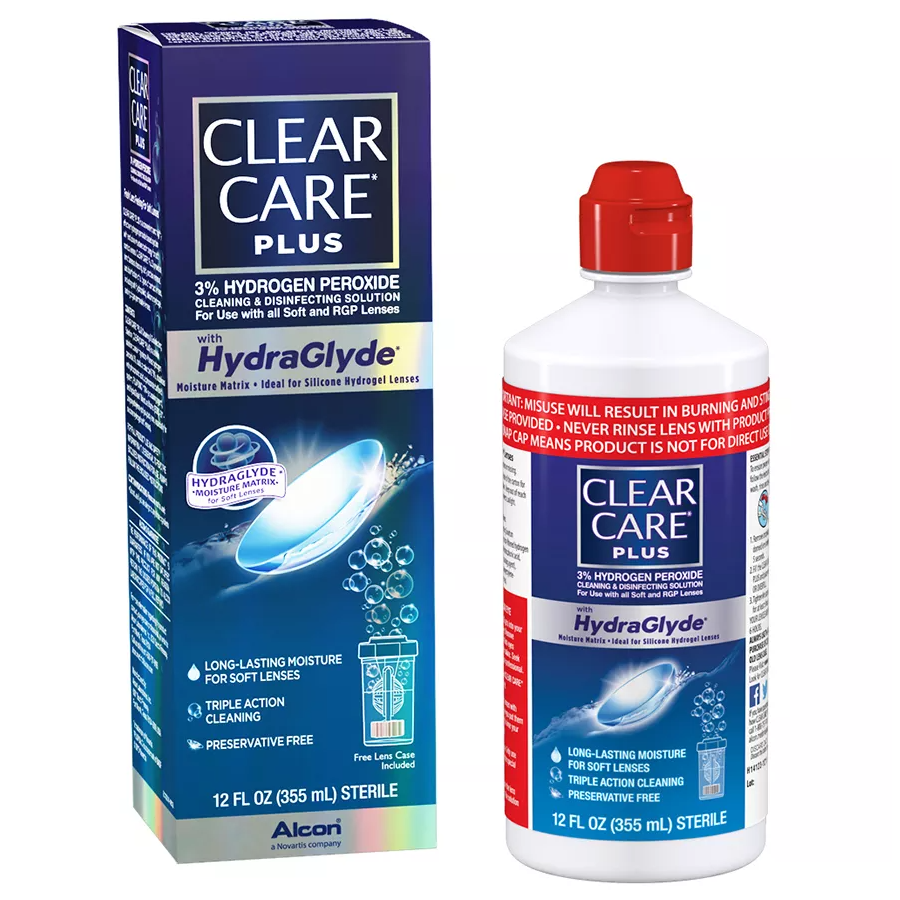 Clear Care Plus hydrogen peroxide jewelry cleaning solution in a 12 fl oz bottle, for disinfection and care of jewelry.
