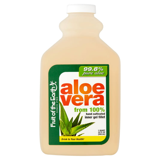 Bottle of Fruit of the Earth Aloe Vera Juice Liquid in a 32 oz container from Pasteur Pharmacy, with green label and clear liquid inside.