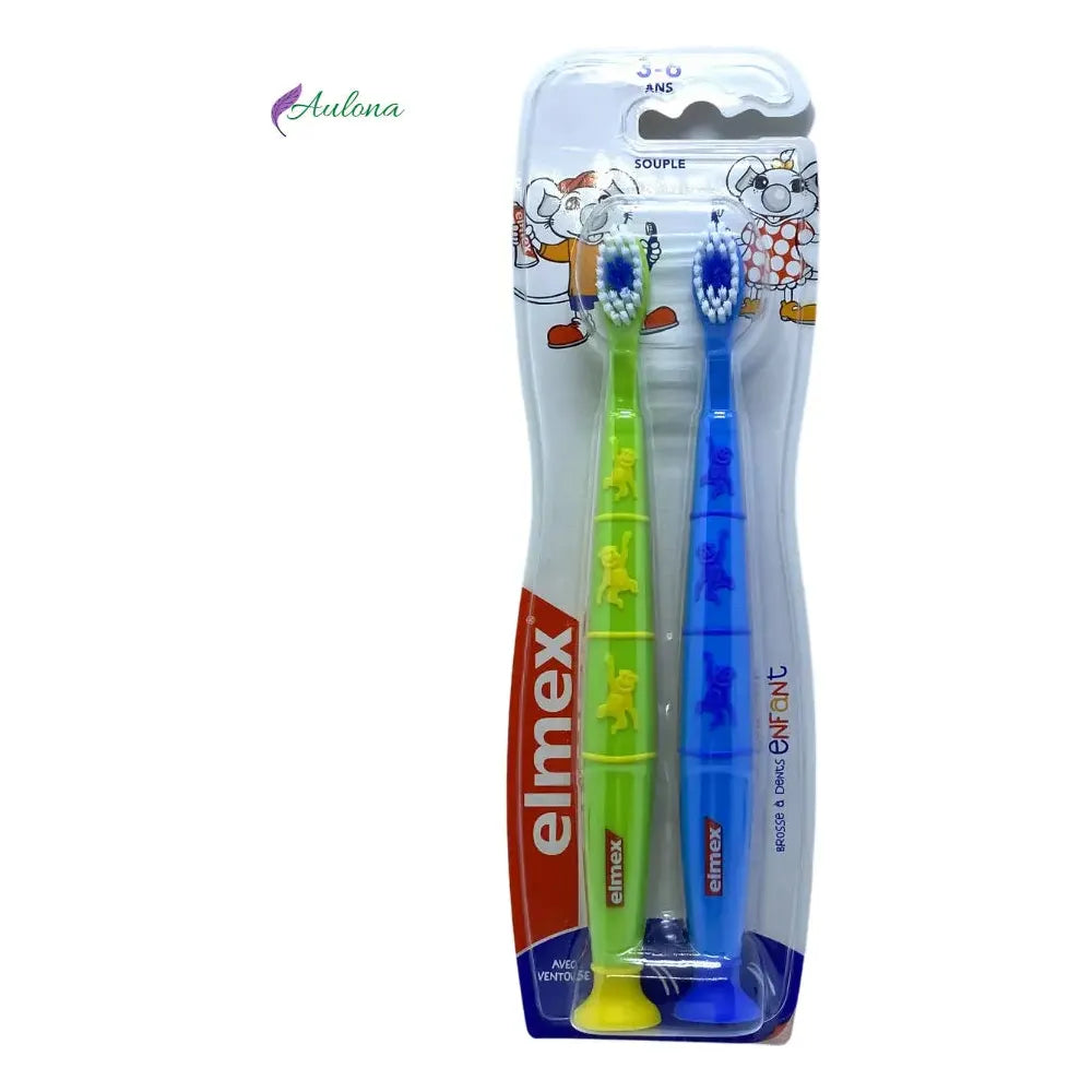 Elmex Green & Blue flexible kid's toothbrush duo pack for ages 3-6, featuring colorful handles and soft bristle heads.