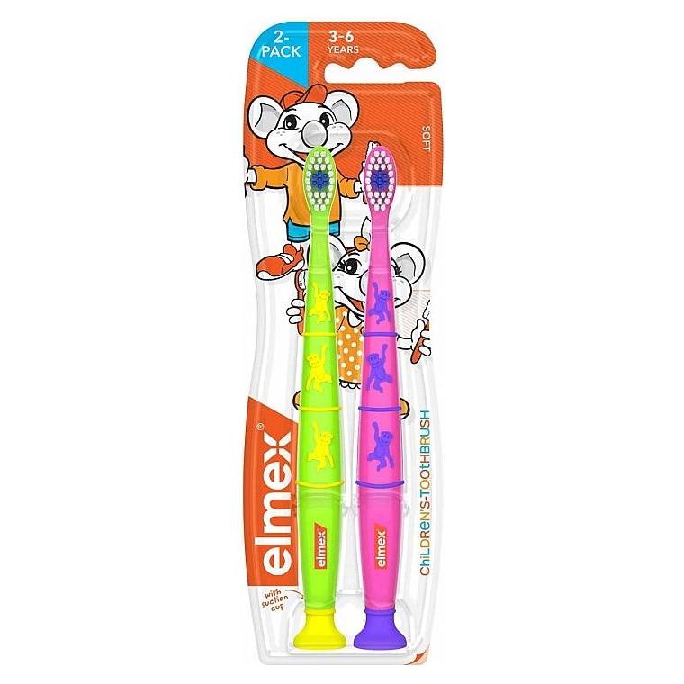 Elmex Green & Pink flexible kids' toothbrush duo pack for 3-6 years old, featuring colorful, soft-bristle brushes for young children.
