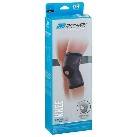Black large Donjoy Advantage Deluxe elastic knee brace, providing support and stability for the knee joint.
