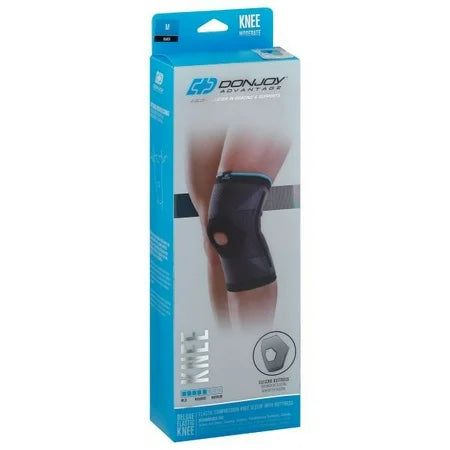 Black DonJoy Advantage Deluxe Elastic Knee Brace in medium size, designed for support and stability during activity.