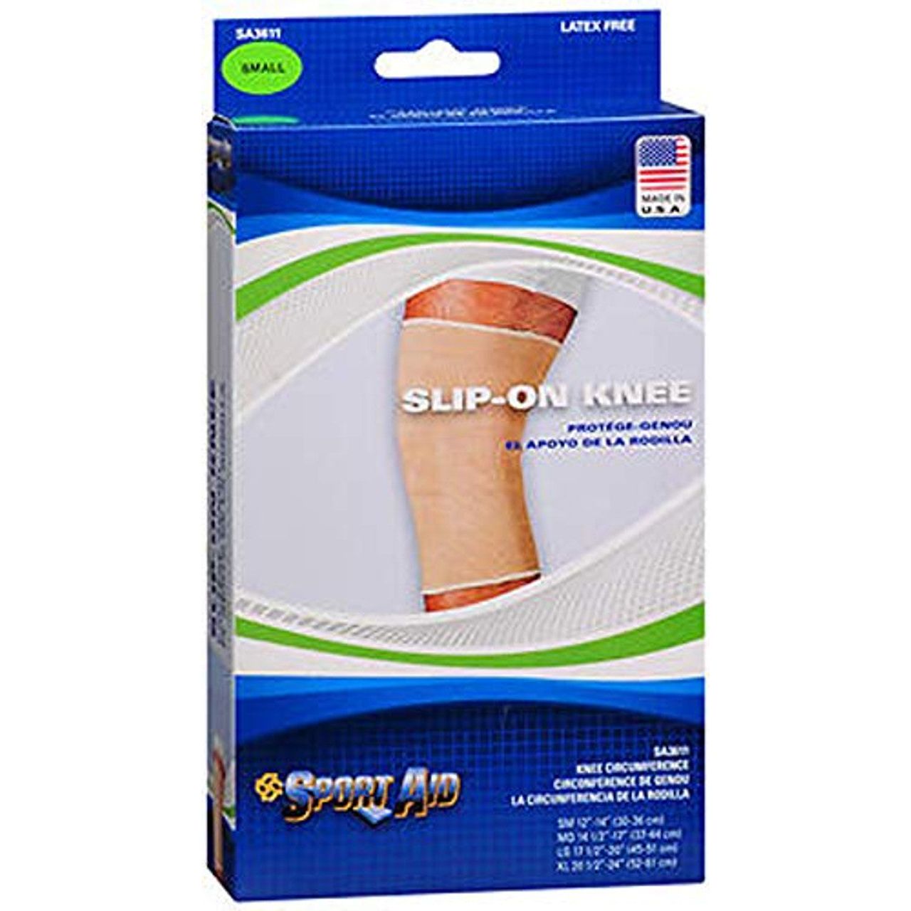 Beige Scott Specialties Sportaid Slip-On Knee Brace in small size, designed for support and compression during physical activity.