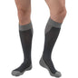 Unisex GNP knee-high compression socks in black and grey stripe, size small, with 15-20 mmHg compression, by Pasteur Pharmacy.