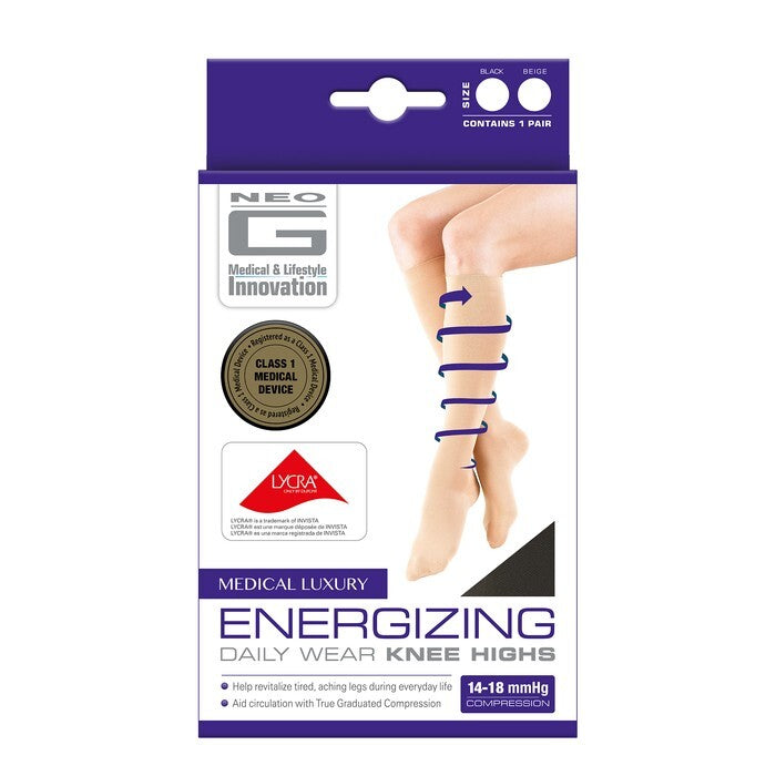 Tan NEO G Energizing Compression Knee Highs socks by Pasteur Pharmacy, large size, featuring supportive, breathable knee sock design.