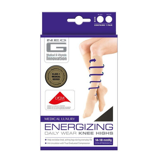 Tan NEO G Energizing Compression Knee Highs socks by Pasteur Pharmacy, large size, featuring supportive, breathable knee sock design.