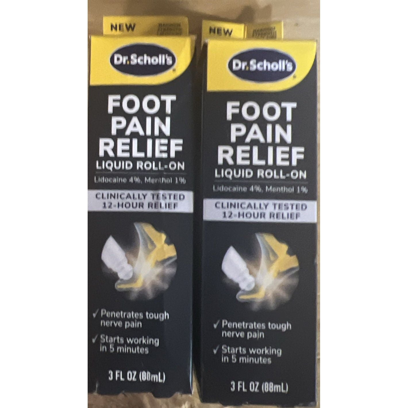 Dr. Scholl's Dual-Action Pain Relief Liquid Roll-On 3 oz bottle, label showing product name and brand details.