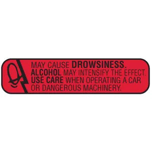Label tape from Pasteur Pharmacy reading "May Cause Drowsiness" for medication safety, shown in a roll format.