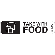 Medical auxiliary labels from Pasteur Pharmacy, "Take with Food" label set, 10 count, used for medication instructions.