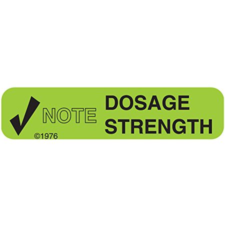 Green Pharmex 1-53G permanent paper label for notes on dose strength, measuring 1 9/16" x 3/8" for pharmacy use.