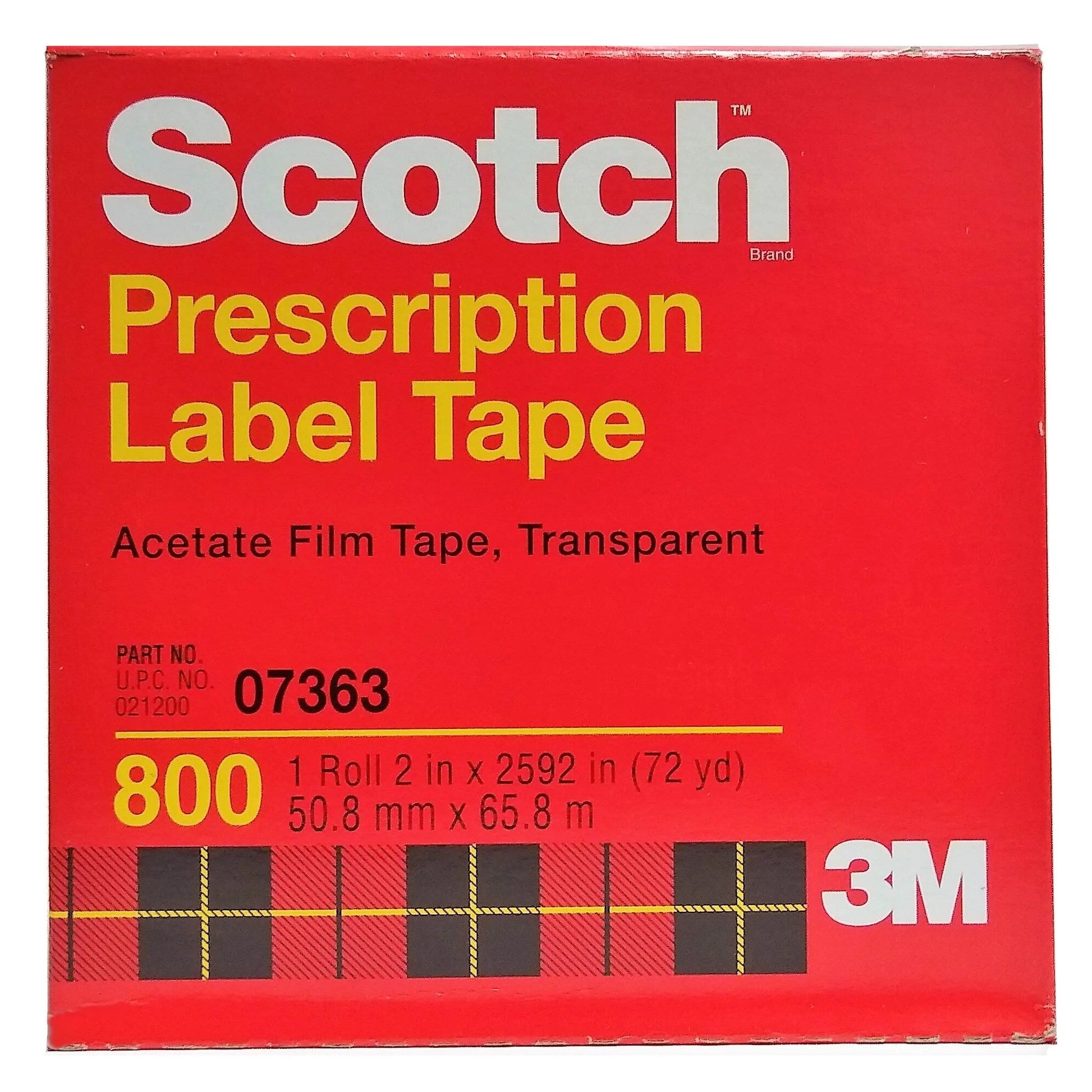 Scotch Prescription Label Protective Tape in an individual box, 2 inches by 72 yards, for secure medication labeling.