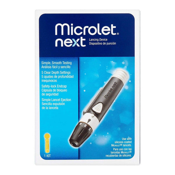 Microlet Next lancing device by Pasteur Pharmacy for blood glucose testing, featuring a sleek design for easy, pain-free lancing.