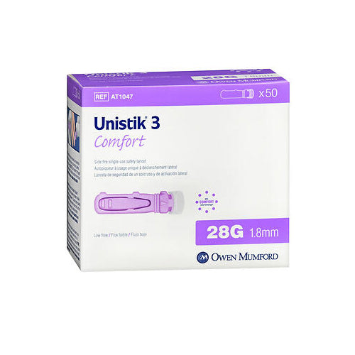 Unistik® 3 Comfort safety lancets in purple, 28 gauge lancing device for blood sampling, by Pasteur Pharmacy.