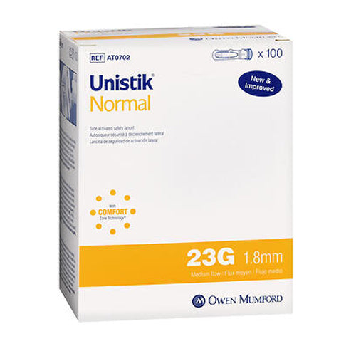 Unistik 3 Normal Lancets 21G by Pasteur Pharmacy, 2.4mm lancing device for blood sampling, shown in the image.